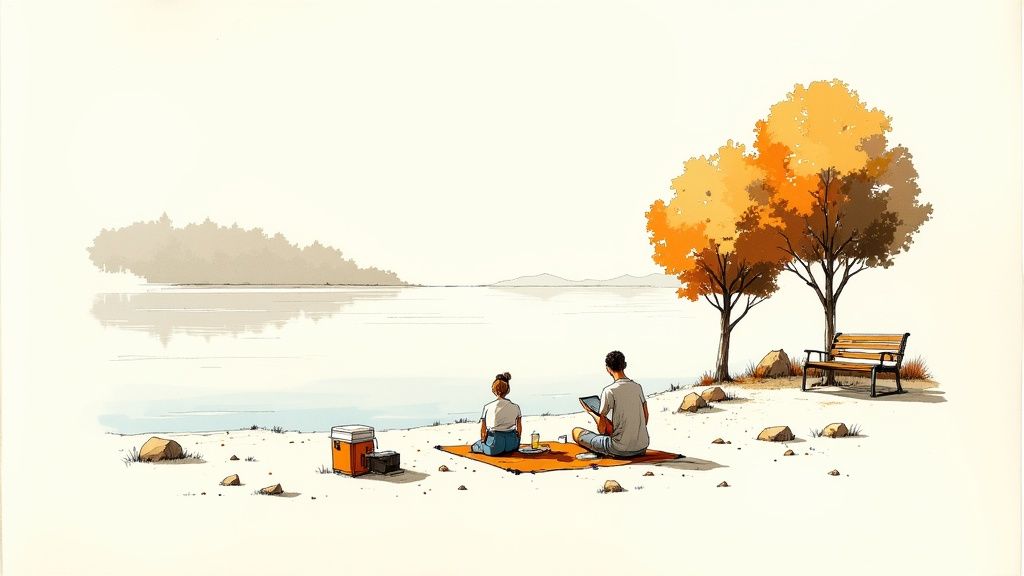 Two people sitting on orange blanket by peaceful lake with autumn tree and bench nearby