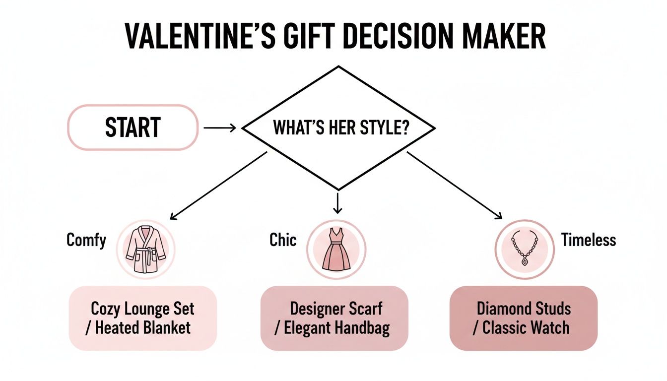 A Valentine's Day gift decision maker flowchart suggesting presents based on her style.