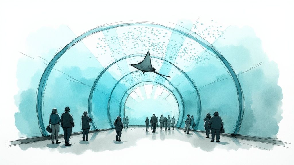 A watercolor illustration of an aquarium tunnel with people observing a large manta ray and fish overhead.
