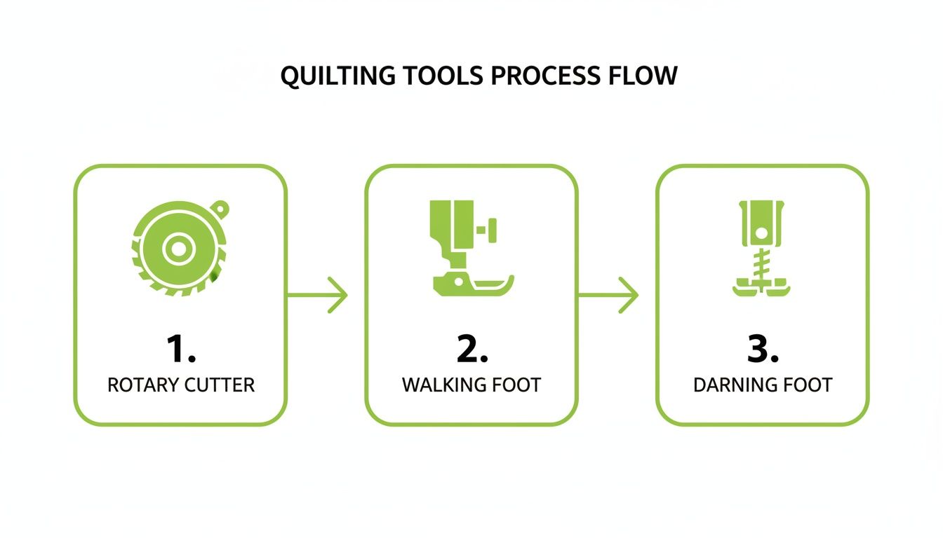 Quilting tools process flow showing rotary cutter, walking foot, and darning foot in green icons.