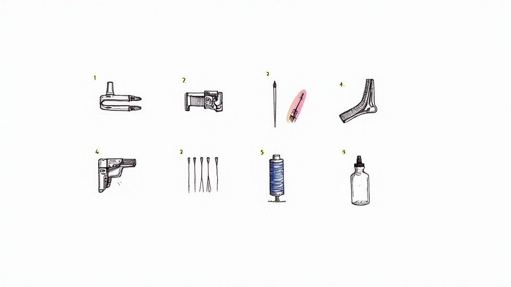 Eight hand-drawn illustrations of miscellaneous objects, including tools, a gun, and sewing items.