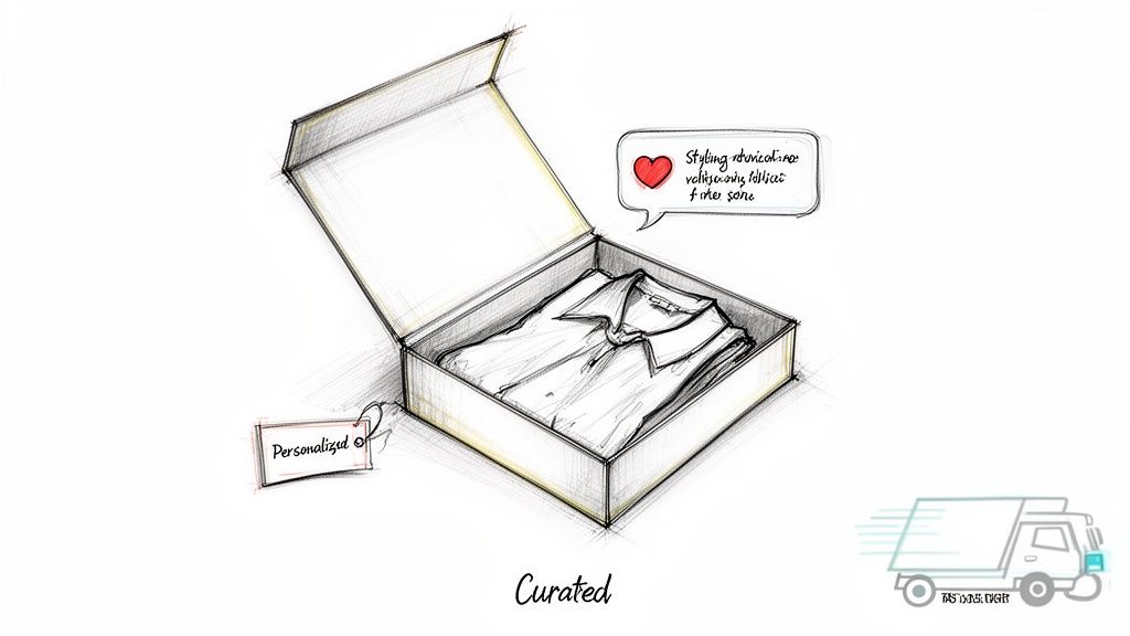 Sketch of a white shirt neatly folded in an open box, labeled 'Personalized' and 'Curated', with a delivery truck icon.