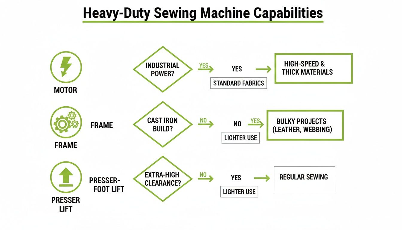 Flowchart detailing heavy-duty sewing machine capabilities, based on motor, frame, and presser lift features.