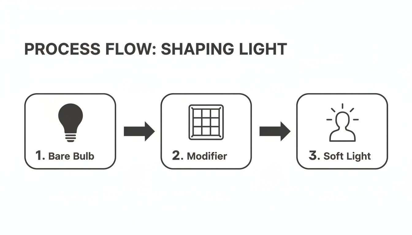 Diagram showing the process of shaping light: bare bulb, modifier, and soft light.