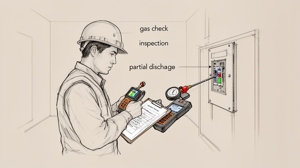 A technician in a hard hat inspects an electrical panel for gas and partial discharge.