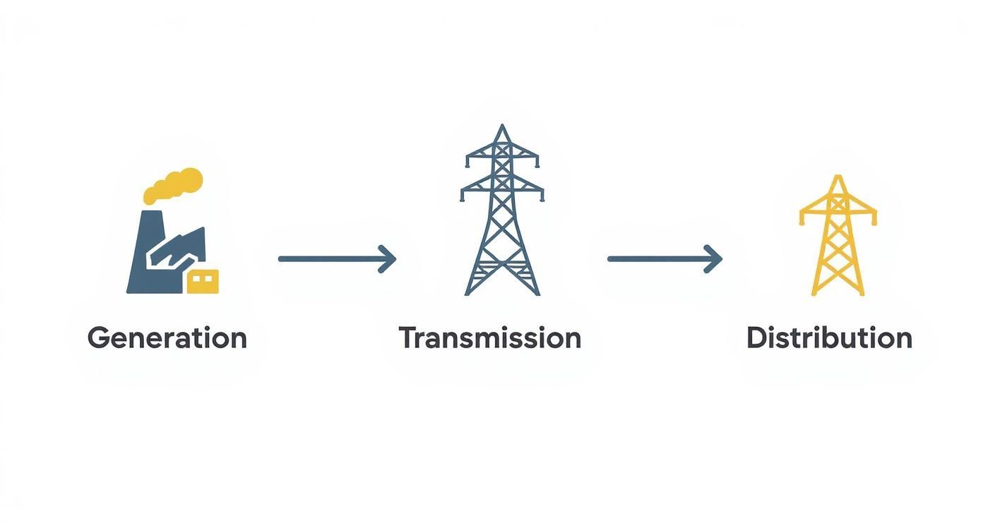 A diagram illustrating the stages of electricity flow, from generation to transmission and distribution.