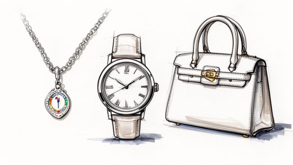 Illustration of luxury women's accessories: a colorful pendant necklace, a watch, and a white handbag.