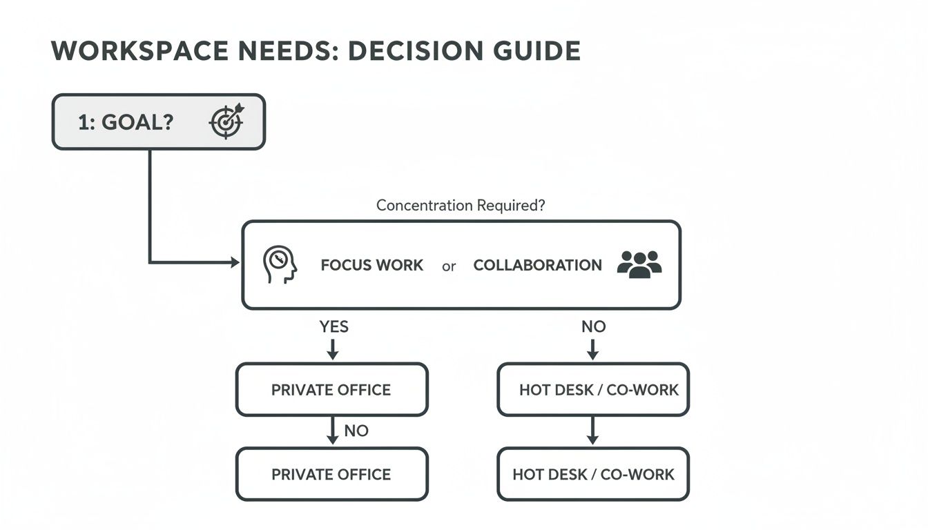 A decision guide flowchart for workspace needs, helping choose between private offices and hot desks.