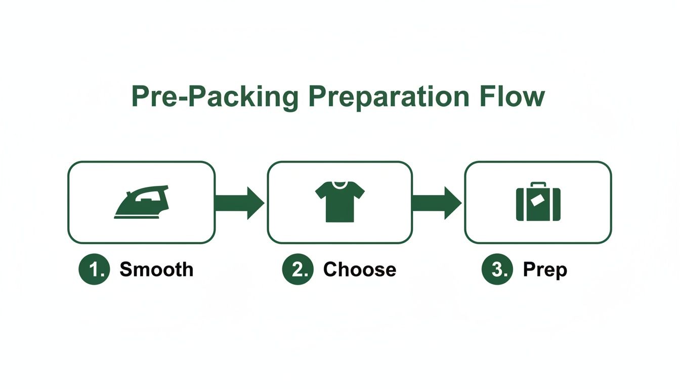 A diagram showing a pre-packing preparation flow: 1. Smooth clothes with an iron, 2. Choose attire, 3. Prep and pack in a suitcase.