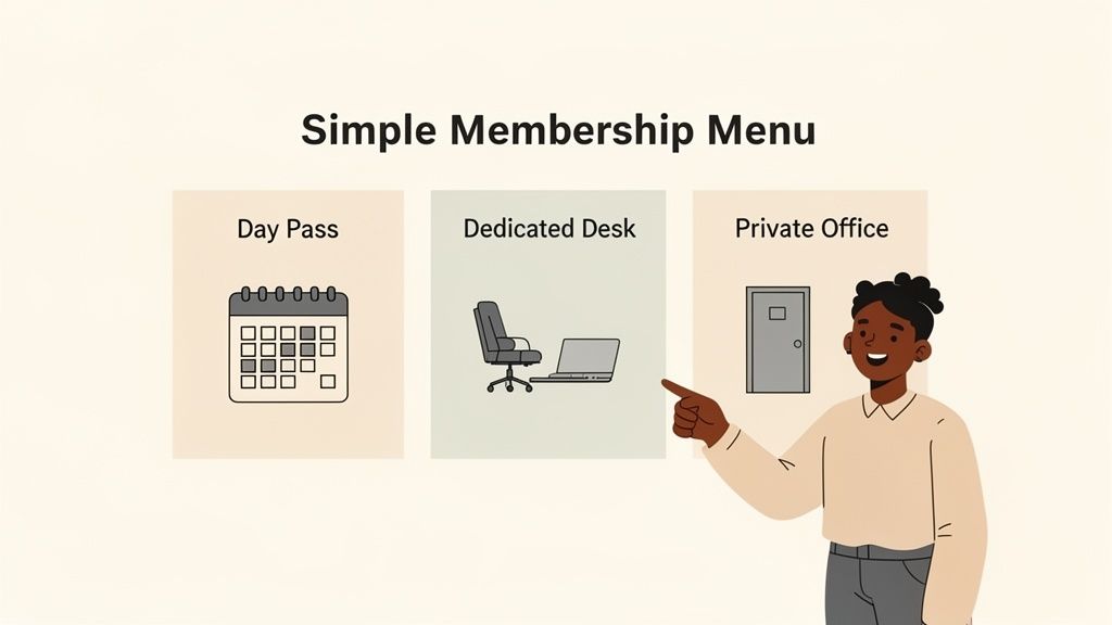 Coworking space membership menu displaying options: Day Pass, Dedicated Desk, and Private Office.