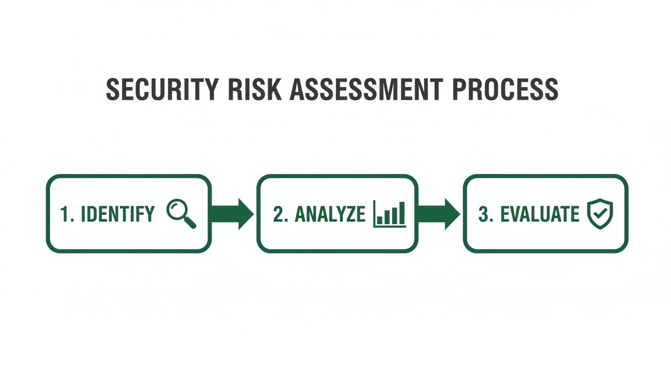 Diagram illustrating the three steps of a security risk assessment process: Identify, Analyze, and Evaluate.