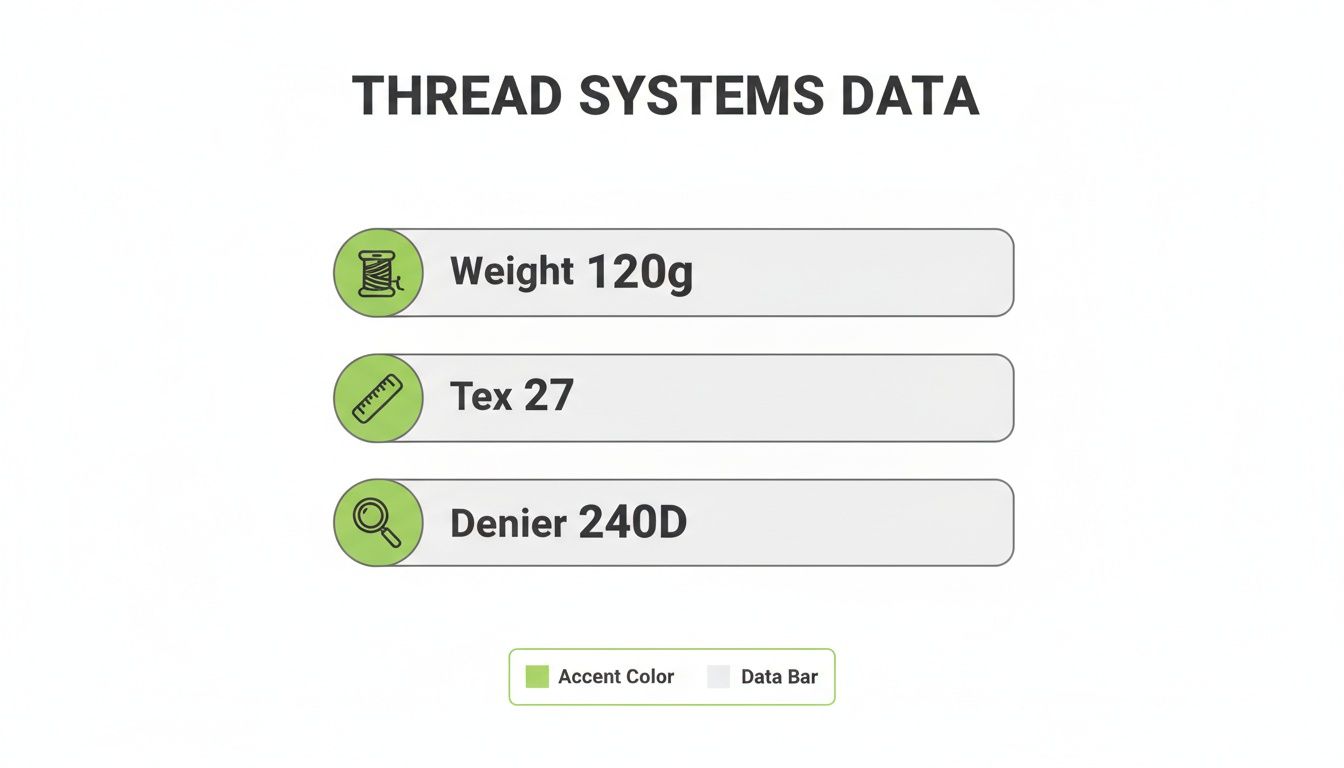 A data chart displaying thread system specifications including weight, Tex, and Denier measurements.
