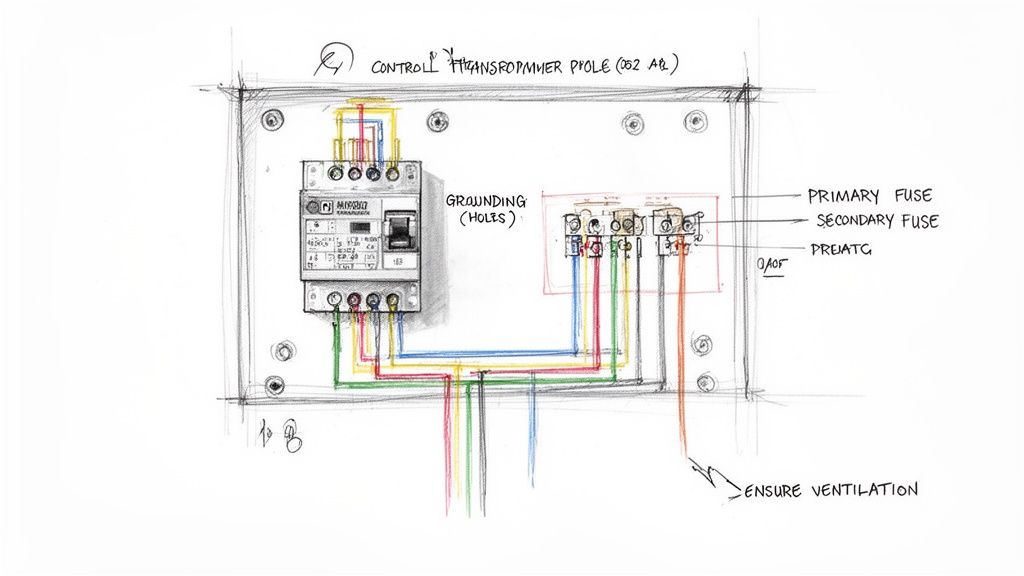 Hand-drawn electrical wiring diagram for a control transformer pole, showing a circuit breaker and fuses.