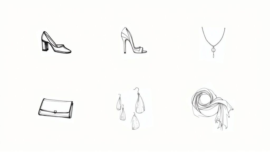 Line art of essential women's fashion accessories: shoes, necklace, clutch, earrings, and a scarf.