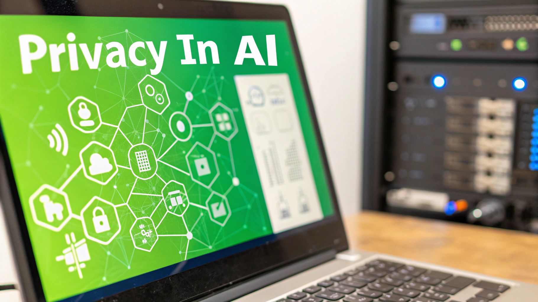 A laptop screen displays 'Privacy In AI' text with a network of security icons, near server racks.