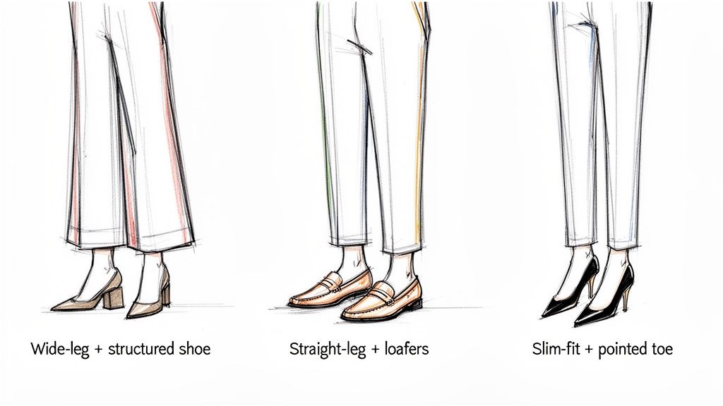 Illustrations depicting three pant and shoe combinations: wide-leg with structured shoes, straight-leg with loafers, and slim-fit with pointed-toe heels.