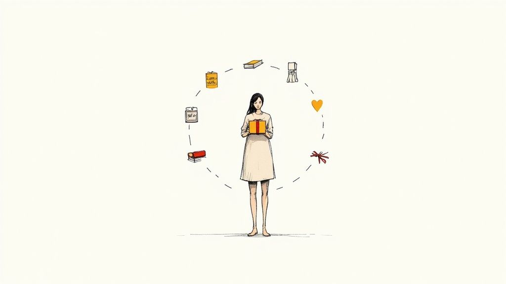 A new mother holding her baby and smiling at a thoughtful gift.