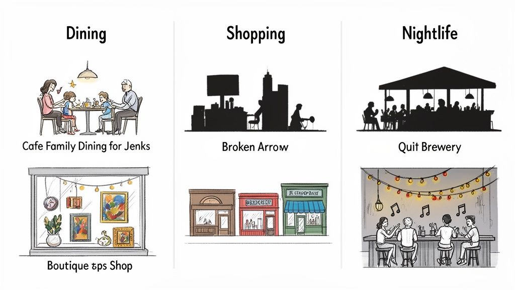 Illustrations showcasing various dining, shopping, and nightlife attractions in Jenks and Broken Arrow.