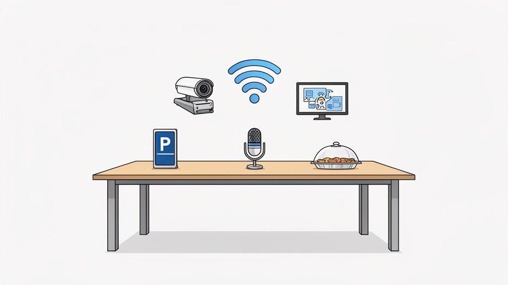 A table featuring smart technology: a parking sign, microphone, food platter, camera, Wi-Fi, and monitor.