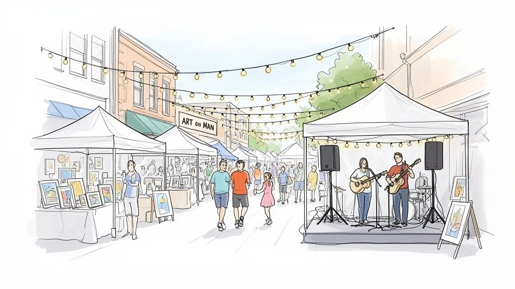 A bustling outdoor street festival with art booths, people, and a band playing live music under string lights.