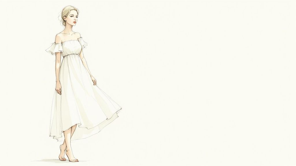 Elegant woman wearing flowing white off-shoulder linen dress with ruffled sleeves fashion illustration