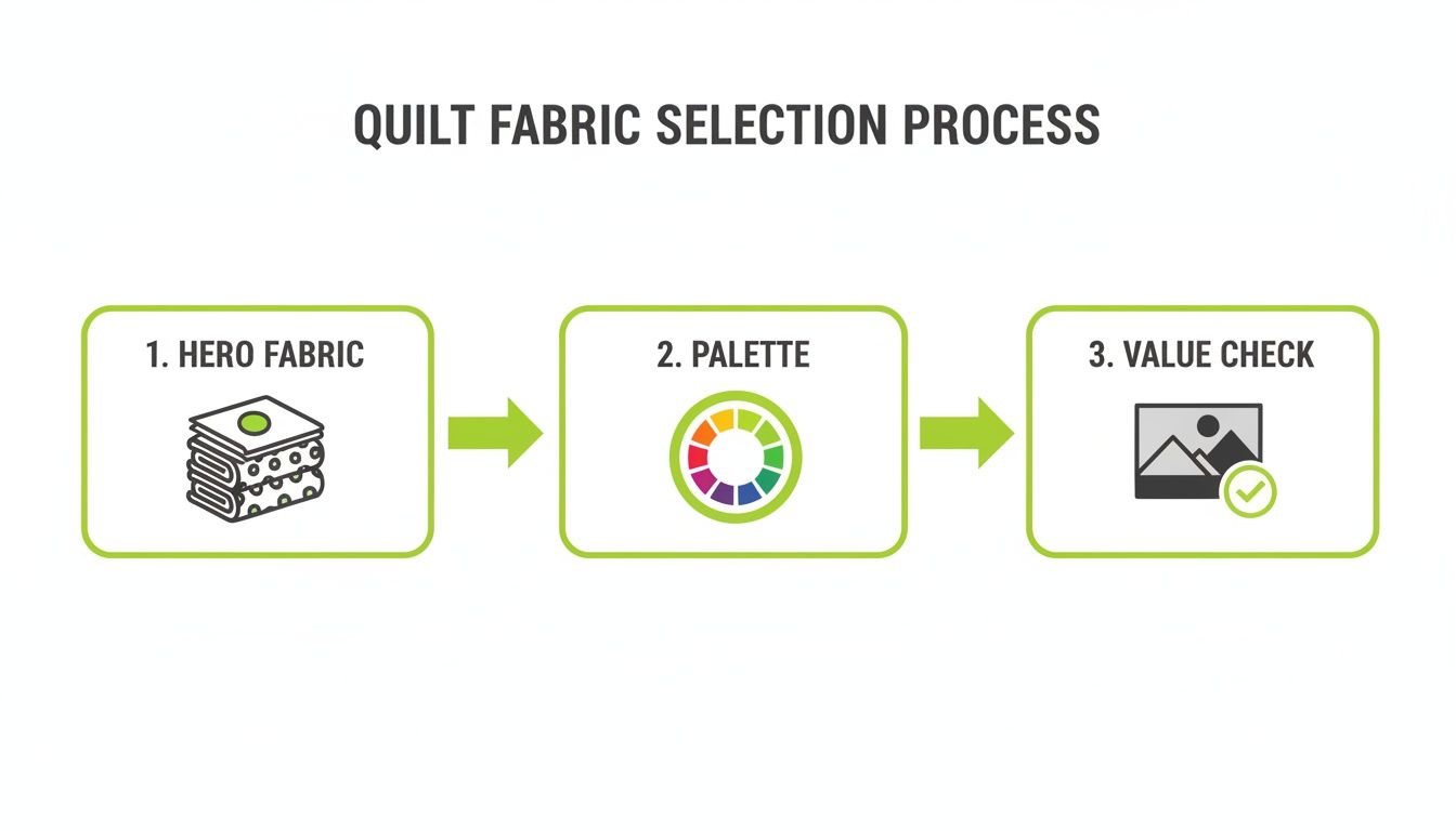 Diagram illustrating the quilt fabric selection process with steps: Hero Fabric, Palette, and Value Check.