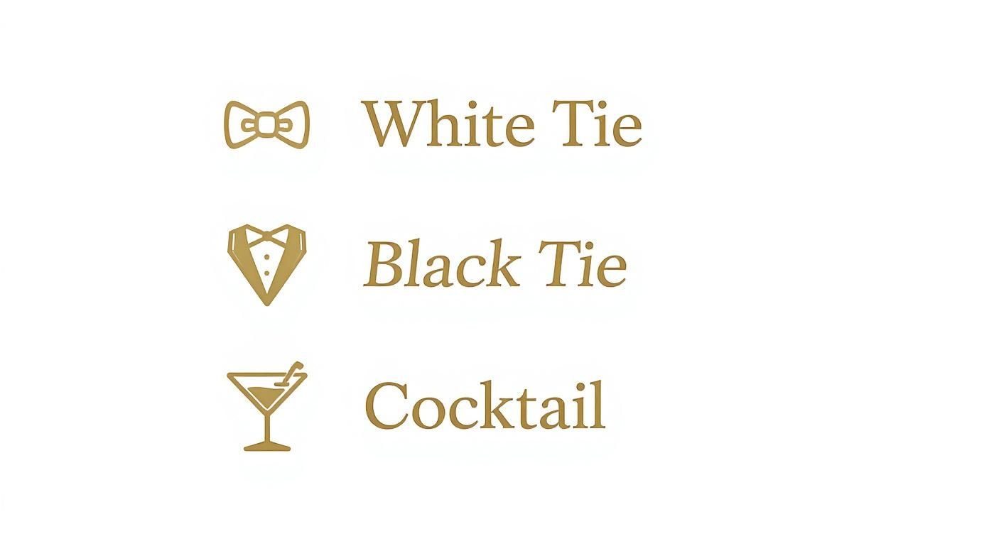 Visual guide showing dress codes: White Tie, Black Tie, and Cocktail with corresponding icons.