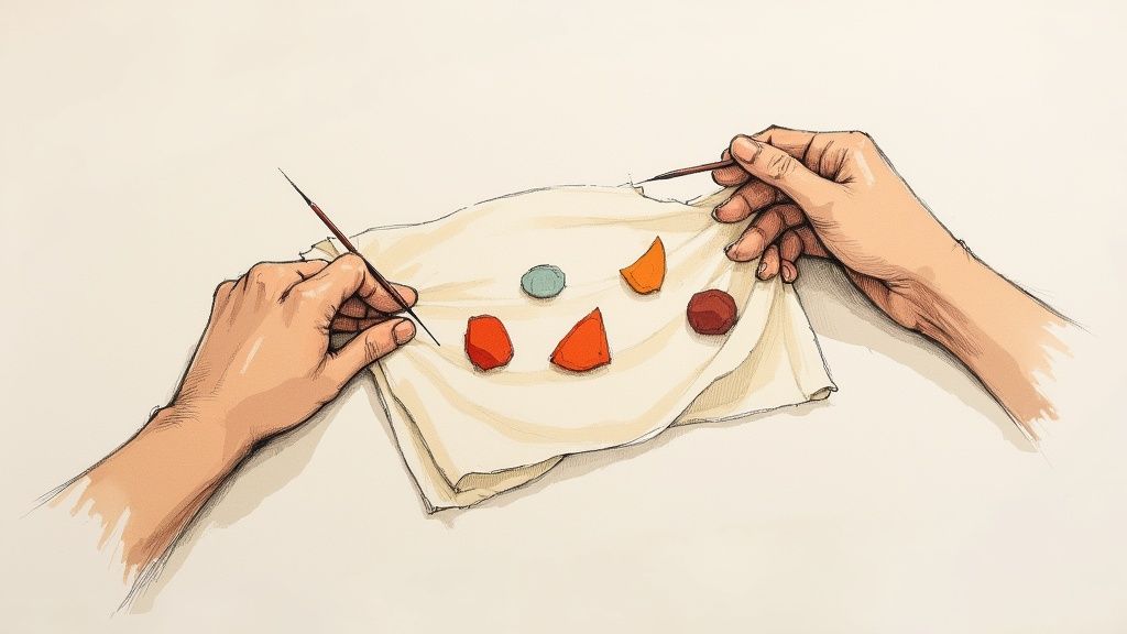 Close-up of hands hand-sewing colorful fabric pieces onto a light-colored cloth.