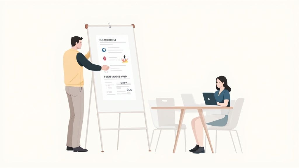 A man adjusts a whiteboard listing 'BOARDROOM' and 'TEEN WORKSHOP' while a woman works on a laptop.