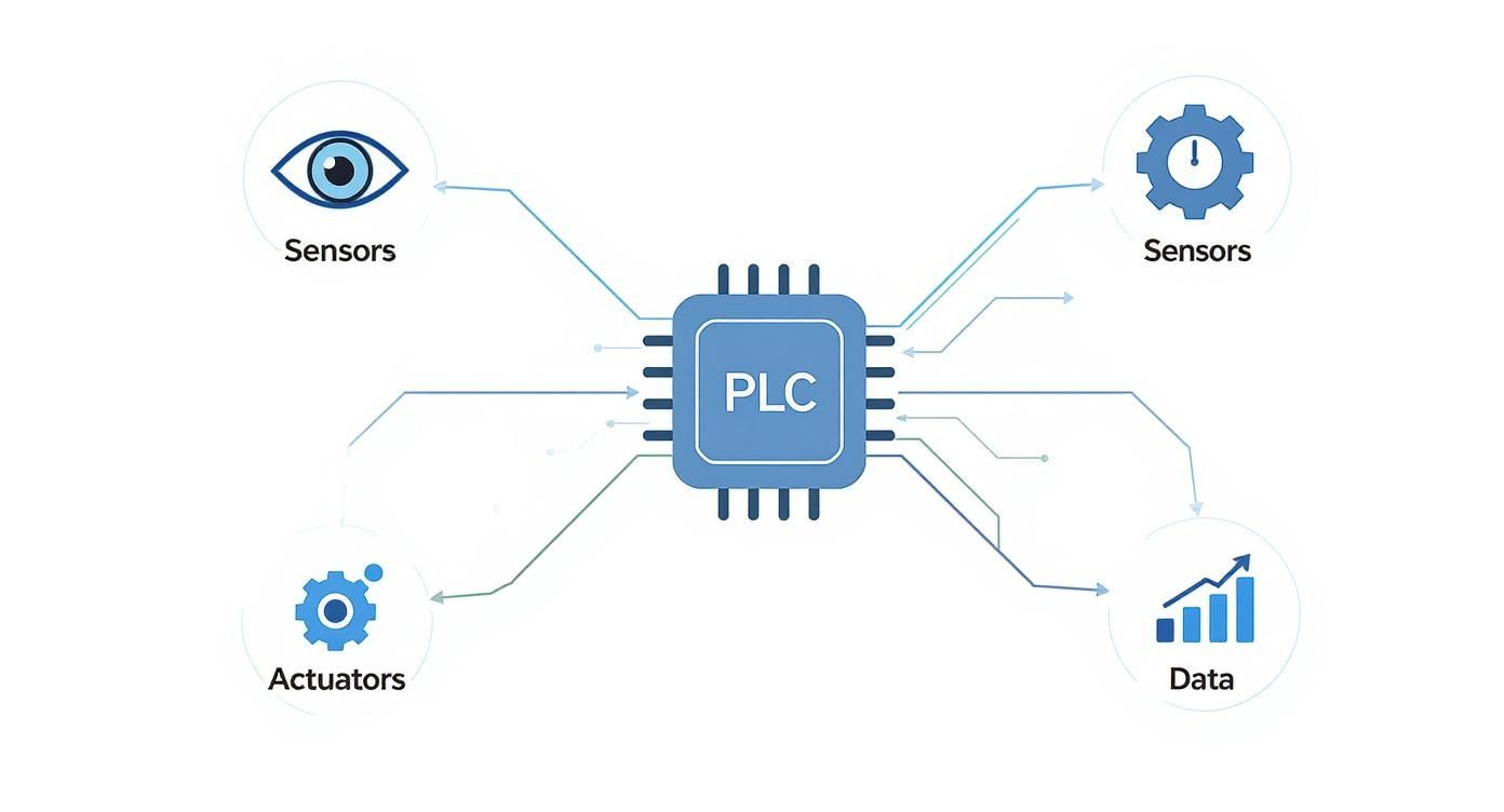 PLC programmable logic controller diagram showing connections between sensors, actuators, and data systems