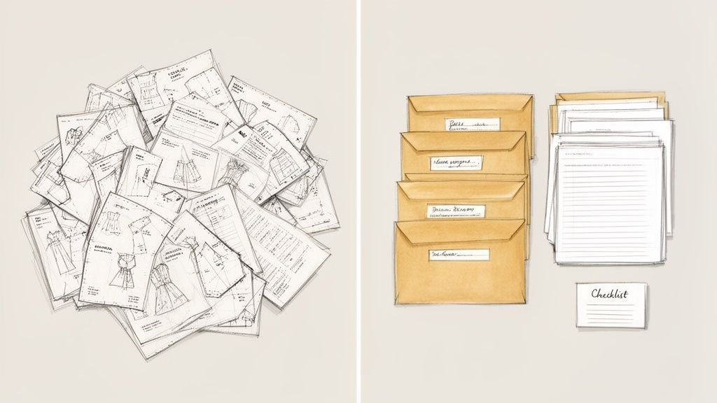 Disorganized sewing patterns contrasted with neatly labeled envelopes, papers, and a checklist for crafts.