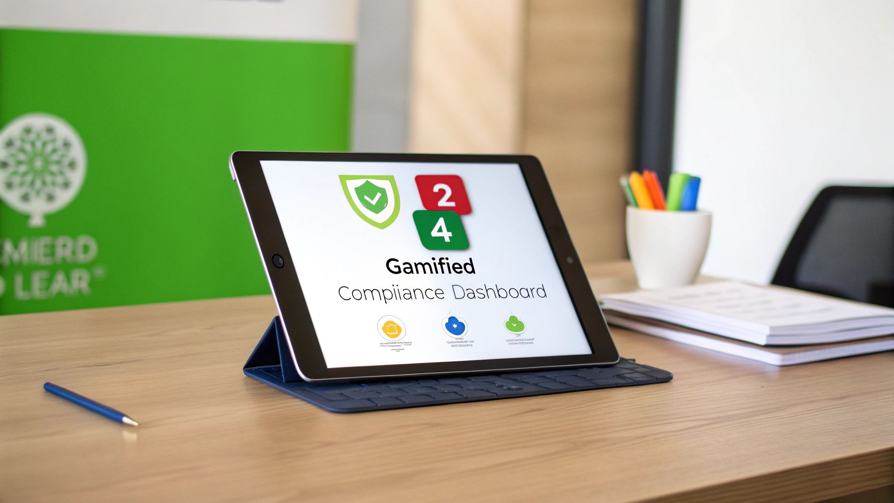 A tablet displays a &quot;Gamified Compliance Dashboard&quot; on a wooden desk with a pen and notebooks.