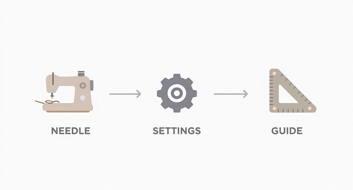 Illustration of a sewing process: a sewing machine, settings gear, and a ruler guide.