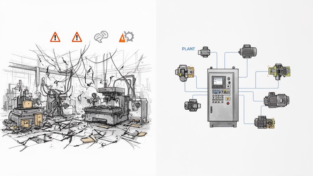 A chaotic, old factory with warning signs contrasted with a modern, integrated plant control system.