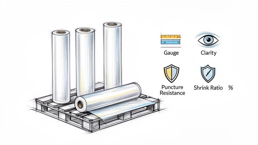 Sketch of clear plastic film rolls on a pallet, highlighting gauge, clarity, puncture resistance, and shrink ratio.