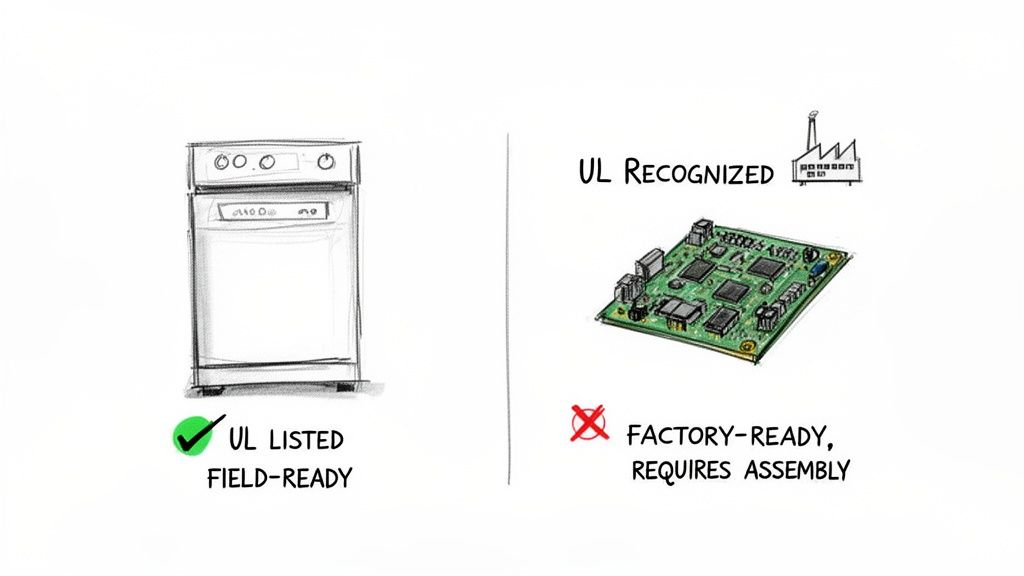 Diagram comparing UL Listed products like an oven with UL Recognized components like a circuit board.