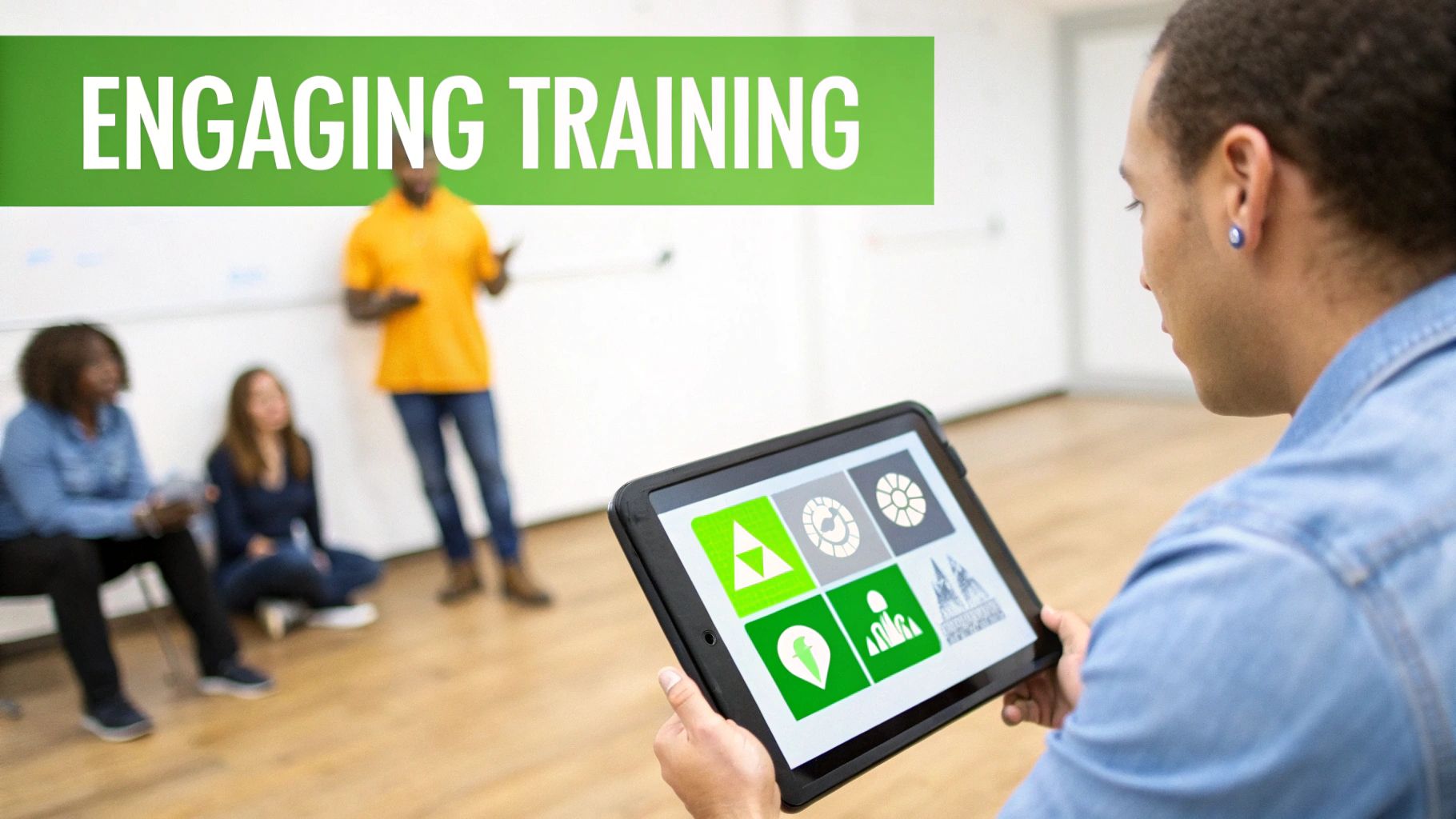 Diverse group of employees participating in an engaging training session, with one using a tablet.