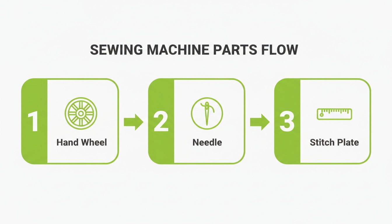 A flow chart depicting three key sewing machine parts: Hand Wheel, Needle, and Stitch Plate.