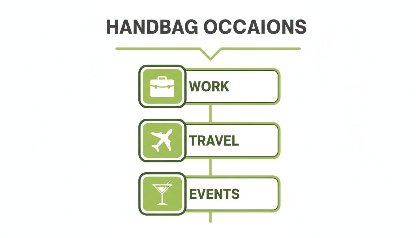 Visual guide to handbag occasions: work (briefcase), travel (airplane), and events (cocktail glass).