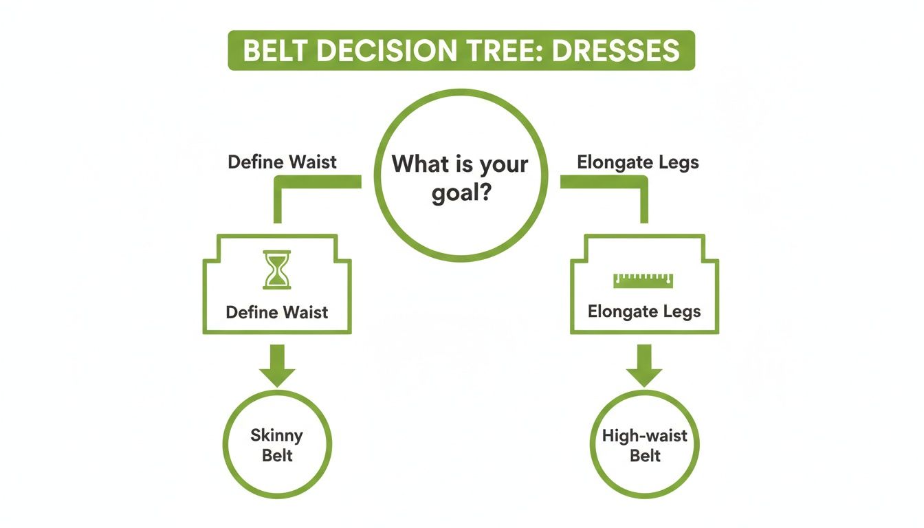 A decision tree diagram for selecting belts for dresses based on goals to define waist or elongate legs.