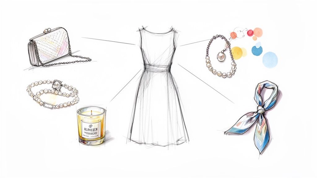 Elegant sketch of a sleeveless dress surrounded by luxurious fashion accessories: pearl necklace, bracelet, clutch bag, silk scarf, and scented candle.