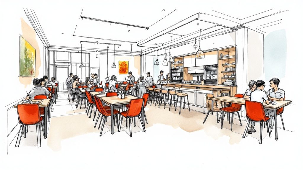 Hand-drawn illustration of a bustling cafe interior with diners and a service counter.