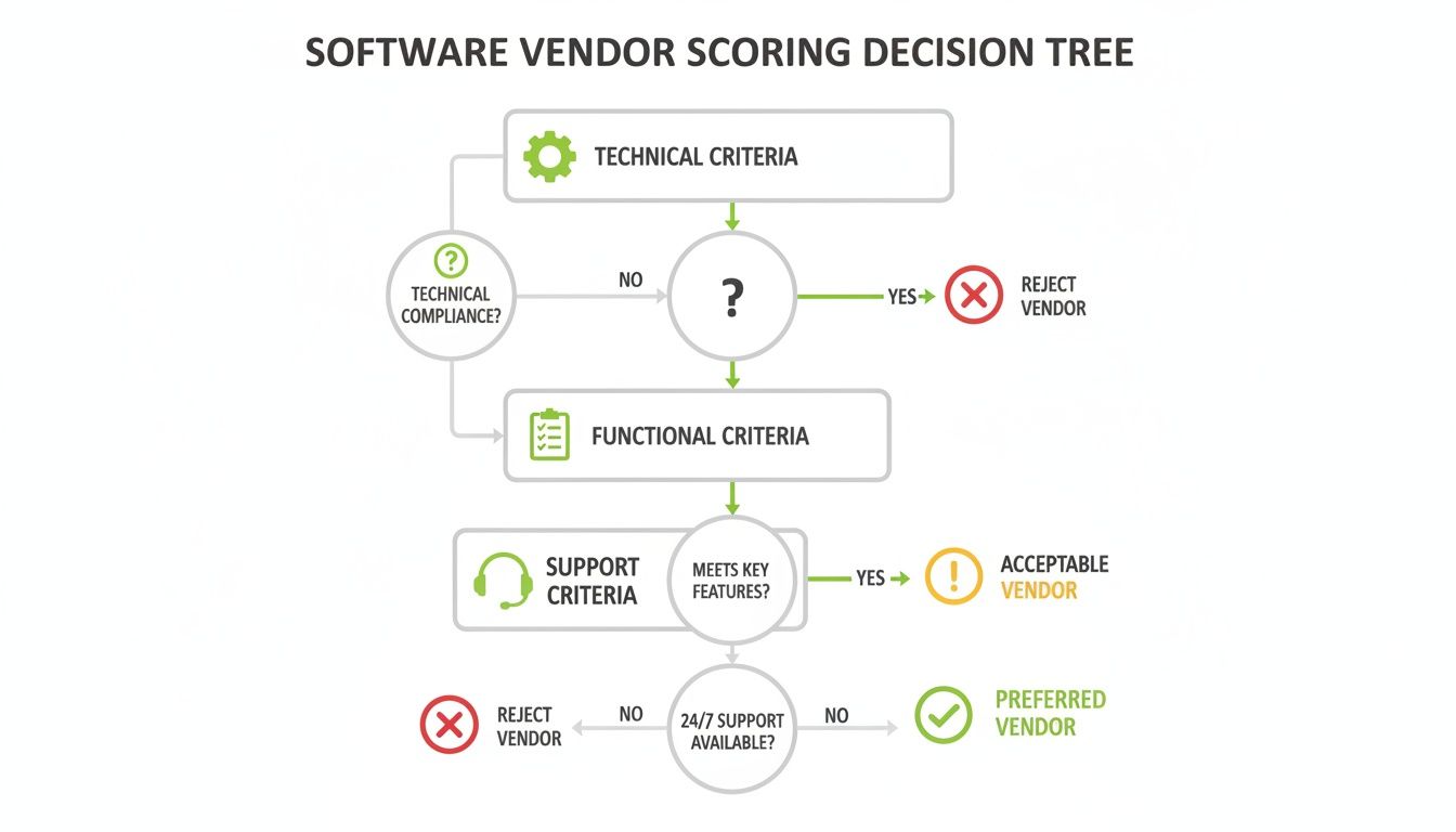 Decision tree for software vendor scoring, evaluating technical, functional, and support criteria for selection.