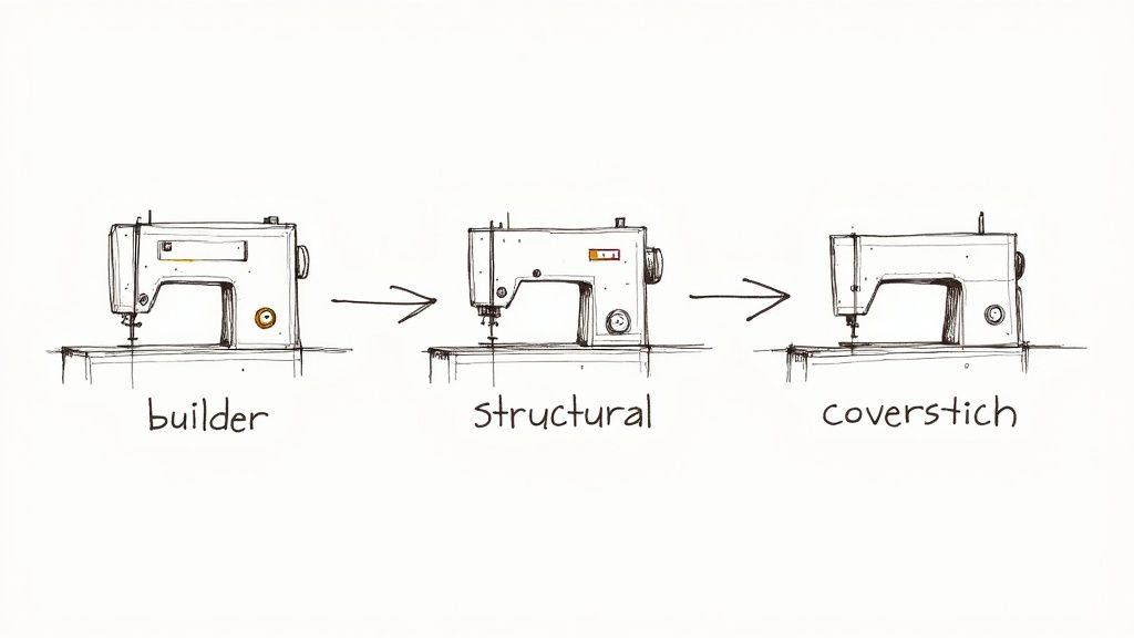 Three illustrated sewing machines labeled 'builder,' 'structural,' and 'coverstitch,' with arrows indicating a sequence.
