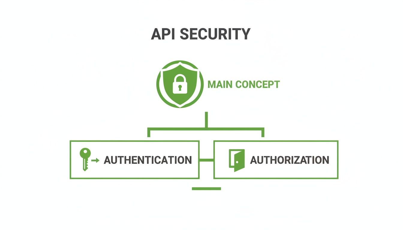 A diagram explaining API security, featuring authentication and authorization as key components.