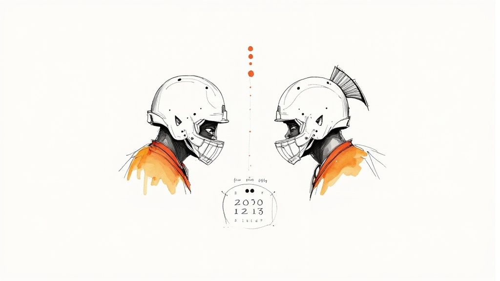 Two basketball players from opposing teams jump for the ball at tip-off