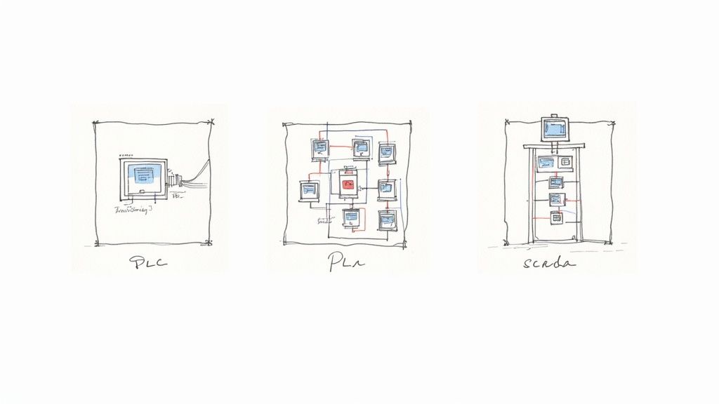 Hand-drawn sketches comparing PLC, PLN, and SCADA industrial automation control system architectures with network diagrams