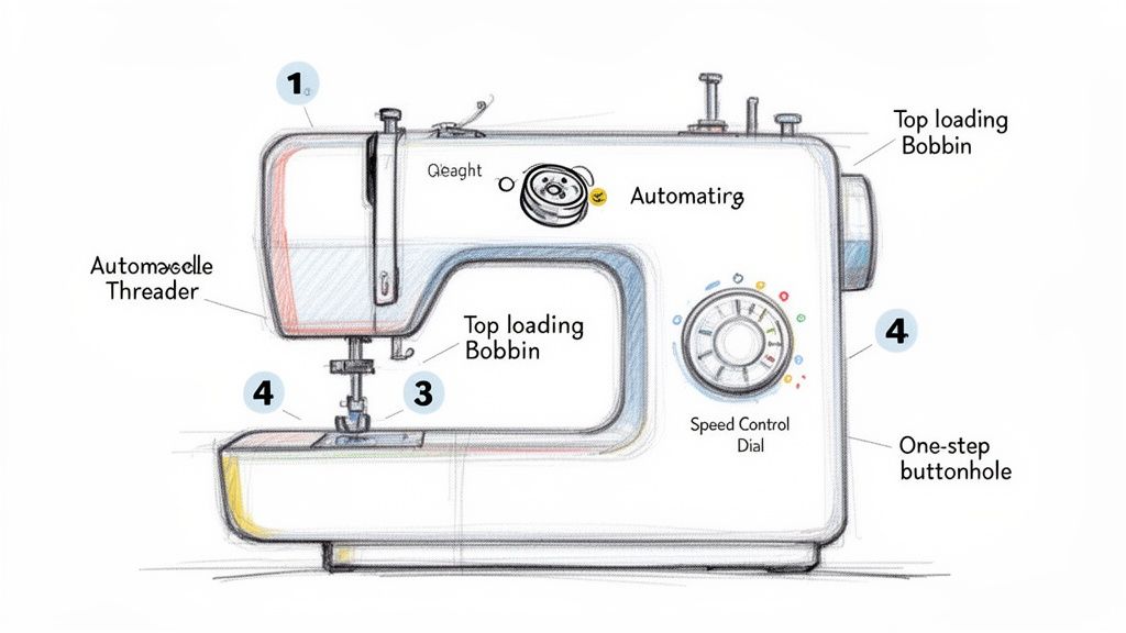 Detailed diagram of a sewing machine highlighting features like automatic threader, bobbin, speed control, and buttonhole.