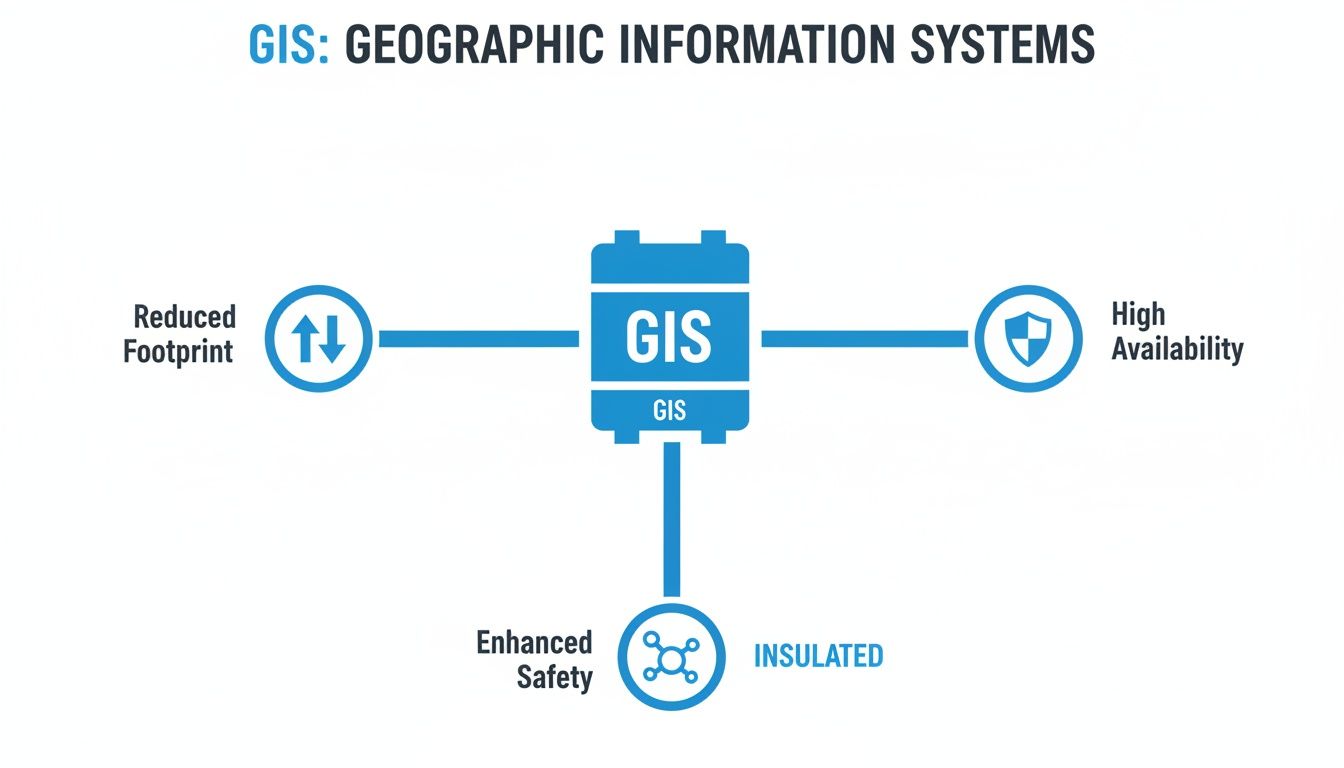 Diagram illustrating Gas Insulated Switchgear (GIS) benefits, including reduced footprint, high availability, and enhanced safety.