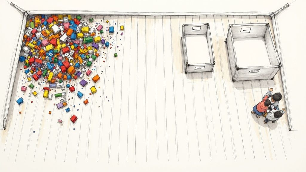Three empty storage boxes labeled 'donate,' 'keep,' and 'trash' sit on a floor, ready for decluttering kids' toys.
